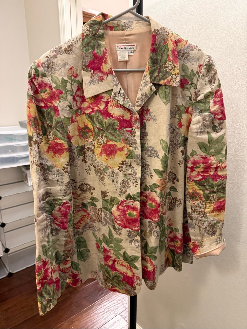 Talbots Floral Button-Front Shirt Jacket in Cream, Red & Green